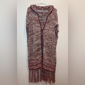 Free People Jungle Heat Hooded‎ Multi Color Boho Fringe Long Cardigan Size XS